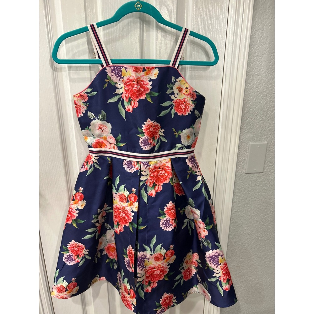 Tahari Party Dress Navy Blue Floral Striped Straps Pleated Occasion 12 Bin A